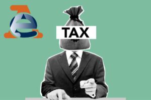 Uomo con la testa sostituita dalla scritta TAX