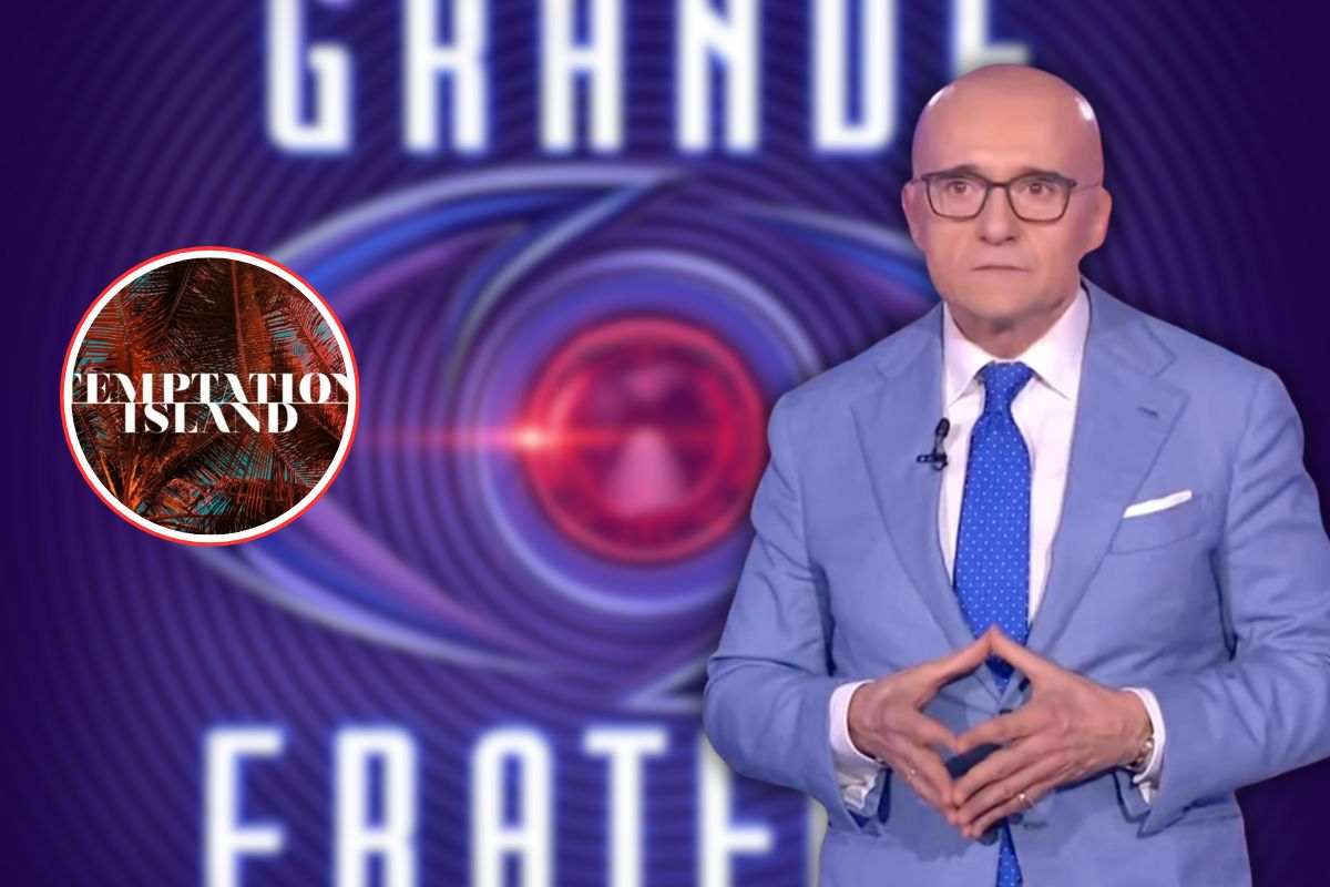 logo gf sullo sfondo, alfonso signorini e logo temptation island
