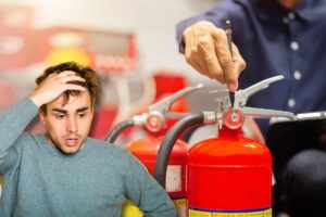 Uomo con mano sulla testa, estintori