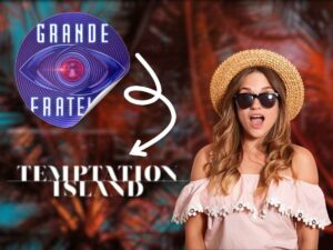 logo gf e temptation island donna stupita