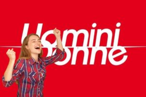 logo uomini e donne e donna che esulta