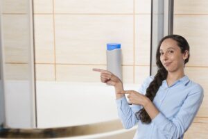 Ragazza indica il piatto doccia