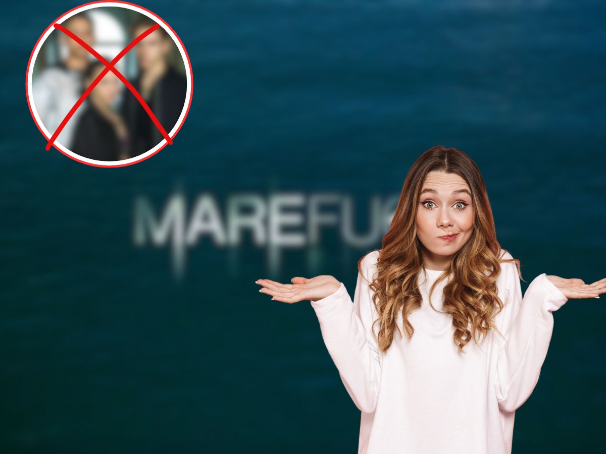 logo mare fuori sullo sfondo, x rossa su 3 attori della soap e donna sorpresa