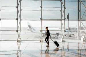 donna con valigia in aeroporto